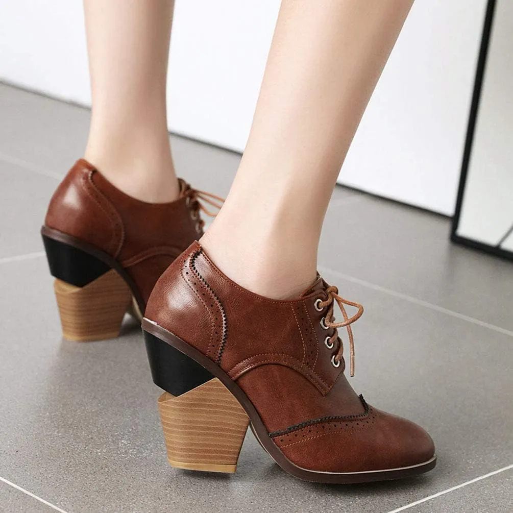 Caradise Womens Wingtip Oxford High Heels Round Toe Lace Up Brogue