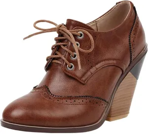 Caradise Womens Wingtip Oxford High Heels Round Toe Lace Up Brogue