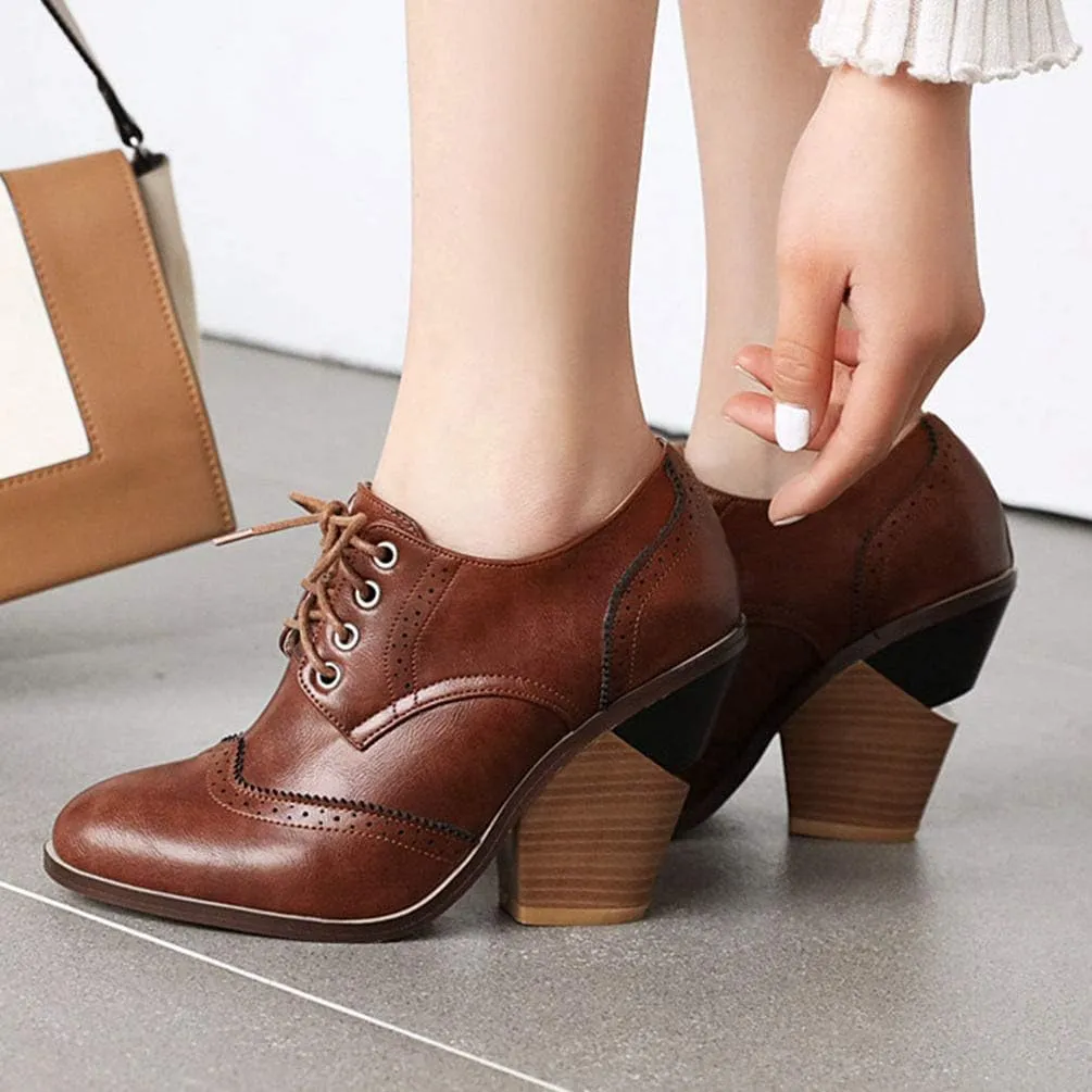 Caradise Womens Wingtip Oxford High Heels Round Toe Lace Up Brogue