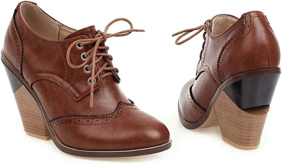 Caradise Womens Wingtip Oxford High Heels Round Toe Lace Up Brogue
