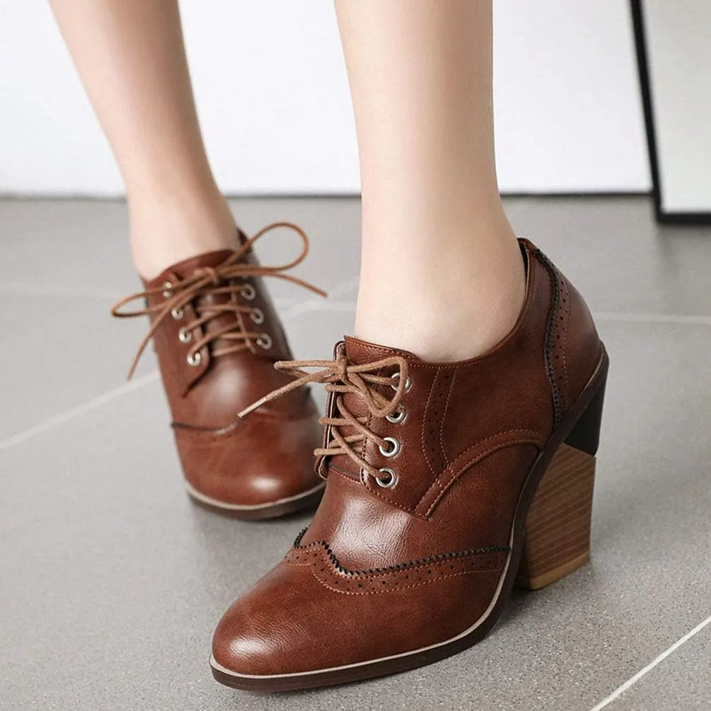Caradise Womens Wingtip Oxford High Heels Round Toe Lace Up Brogue