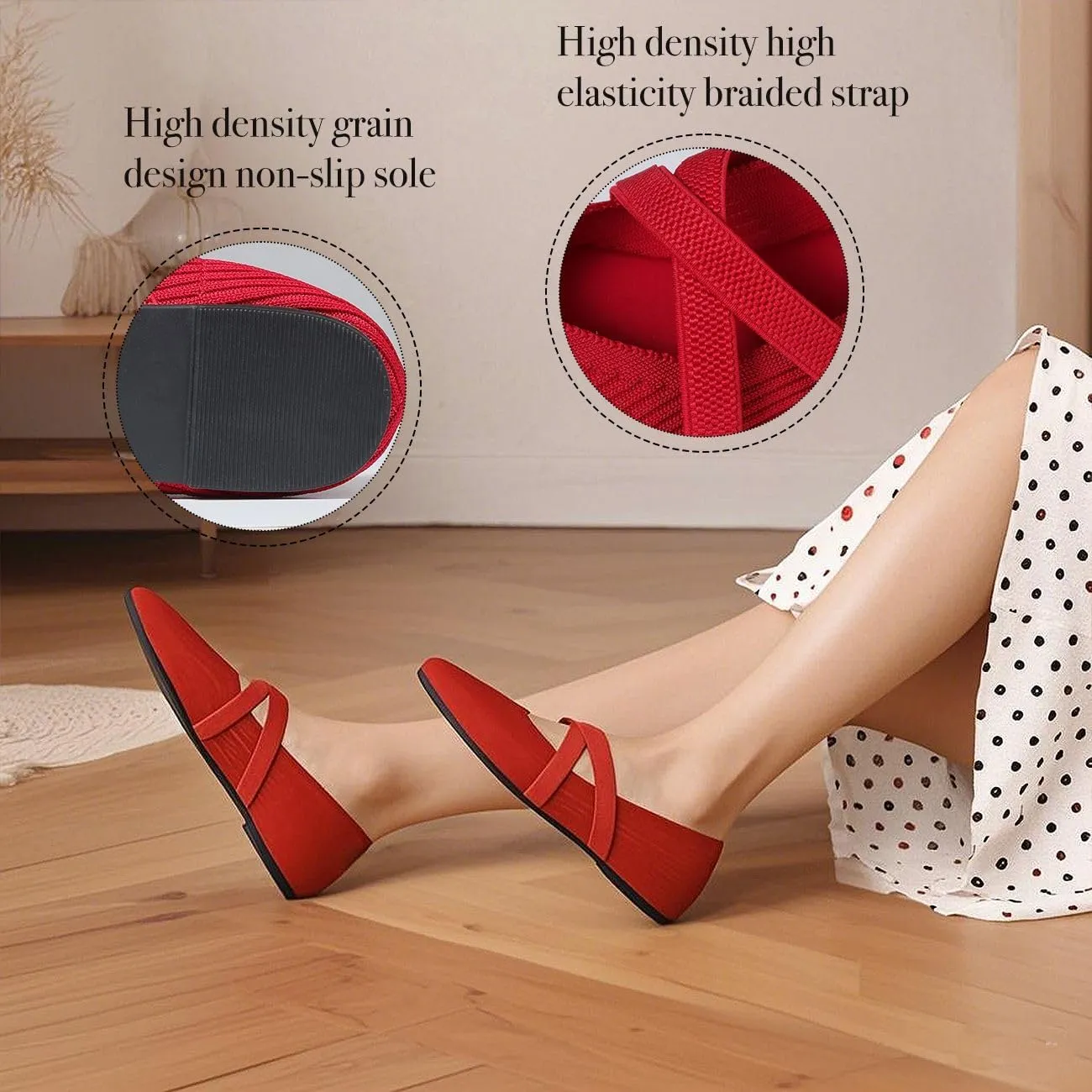 CELNEPHO Flats for Women Square Toe Ballet Flats Cross Strap Comfortable Arch Support Dressy Knit Flats for Women Mary Jane Flats Slip On Washable Casual Office Shoes