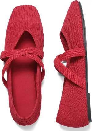 CELNEPHO Flats for Women Square Toe Ballet Flats Cross Strap Comfortable Arch Support Dressy Knit Flats for Women Mary Jane Flats Slip On Washable Casual Office Shoes