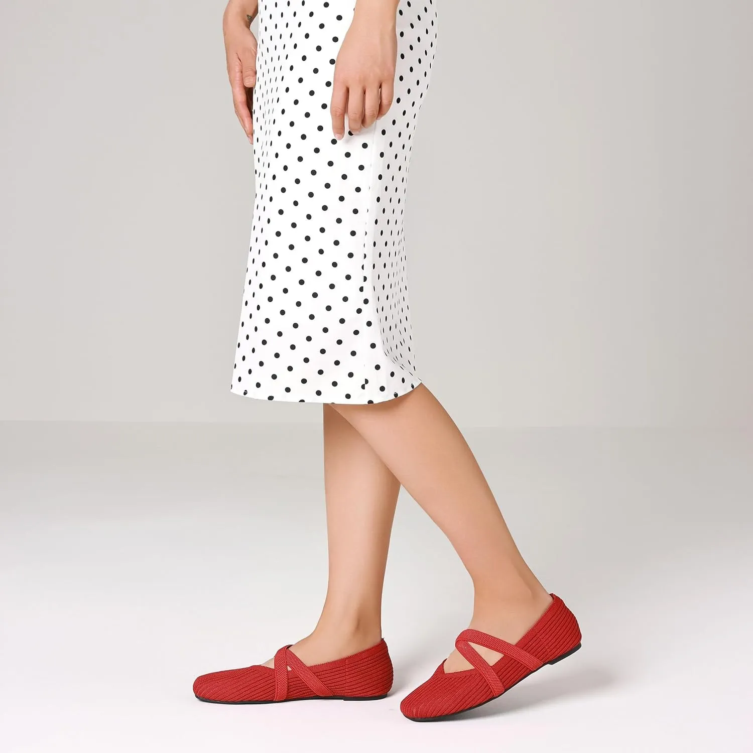CELNEPHO Flats for Women Square Toe Ballet Flats Cross Strap Comfortable Arch Support Dressy Knit Flats for Women Mary Jane Flats Slip On Washable Casual Office Shoes