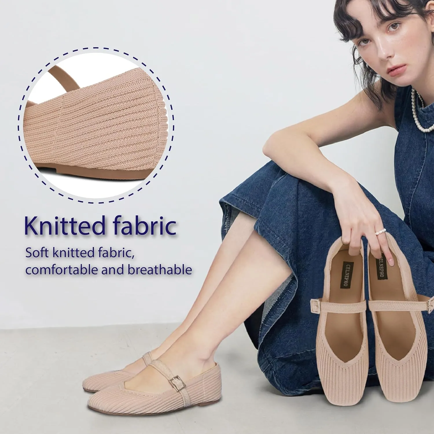 CELNEPHO Flats for Women Square Toe Ballet Flats Shoes Comfortable Dressy Knit Flats for Women Arch Support Slip On Washable Casual Office Shoes