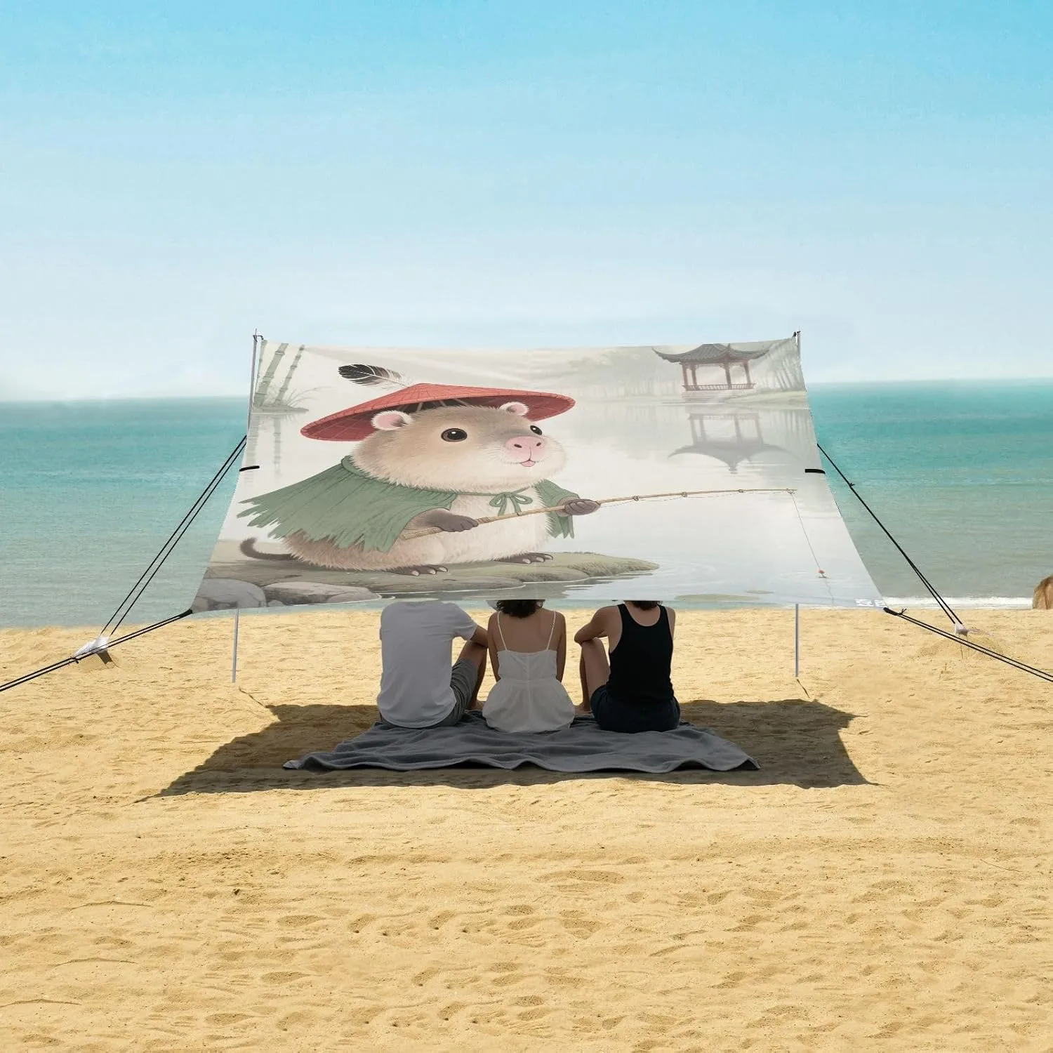 Chinese Painting Capybara Fishing Beach Camping Tent Sun Shelter for Whole Family, Beach Shade Canopy with UPF50  UV Protection,Easy Set Up and Carry,Outdoor Shade for Trips, Fishing, Backyard