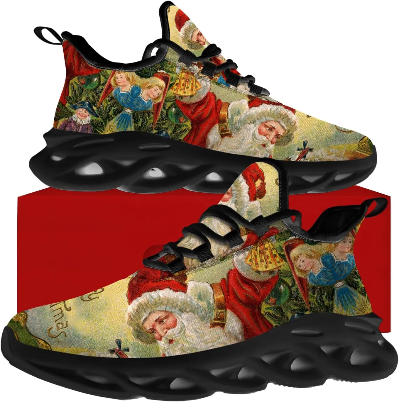 Ciadoon Christmas Shoes for Women Men Road Running Walking Tennis Breathable Lightweight Sneakers Santa Shoes Gifts for Men Women