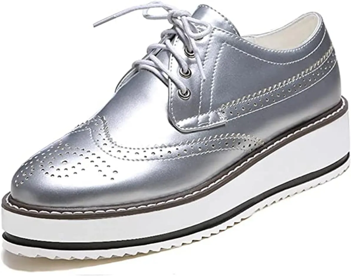 ClassicSter Women's Platform Lace Up Patent Leather Wingtips Round Toe Casual Oxford Shoes Brogues