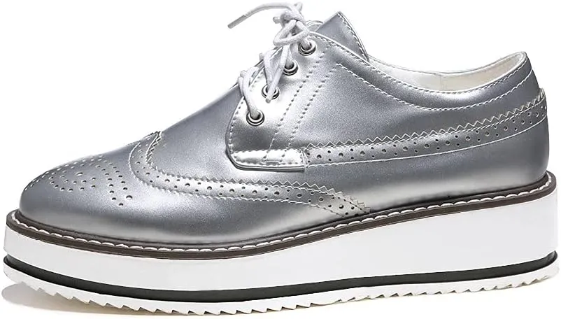 ClassicSter Women's Platform Lace Up Patent Leather Wingtips Round Toe Casual Oxford Shoes Brogues