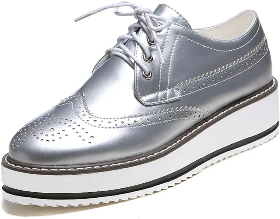 ClassicSter Women's Platform Lace Up Patent Leather Wingtips Round Toe Casual Oxford Shoes Brogues