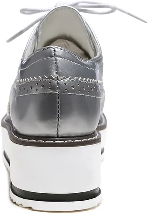 ClassicSter Women's Platform Lace Up Patent Leather Wingtips Round Toe Casual Oxford Shoes Brogues