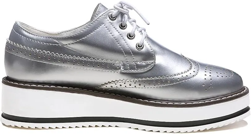 ClassicSter Women's Platform Lace Up Patent Leather Wingtips Round Toe Casual Oxford Shoes Brogues