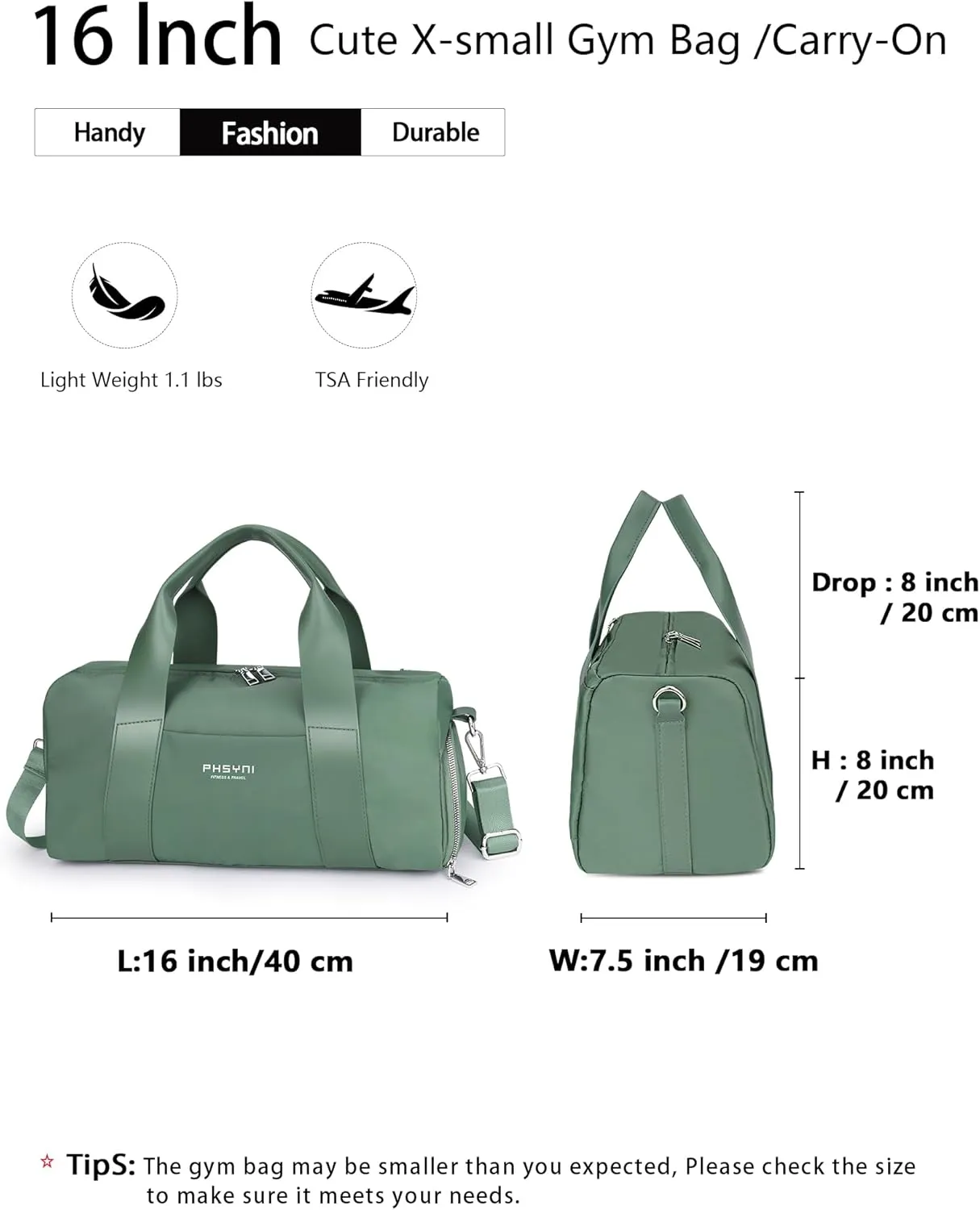 Compact Sports Gym Bag for Women, Cute Mini Duffle Bag with Wet Pocket & Shoes Compartment, Personal Item Travel Workout Bag, 16"-Small, Green