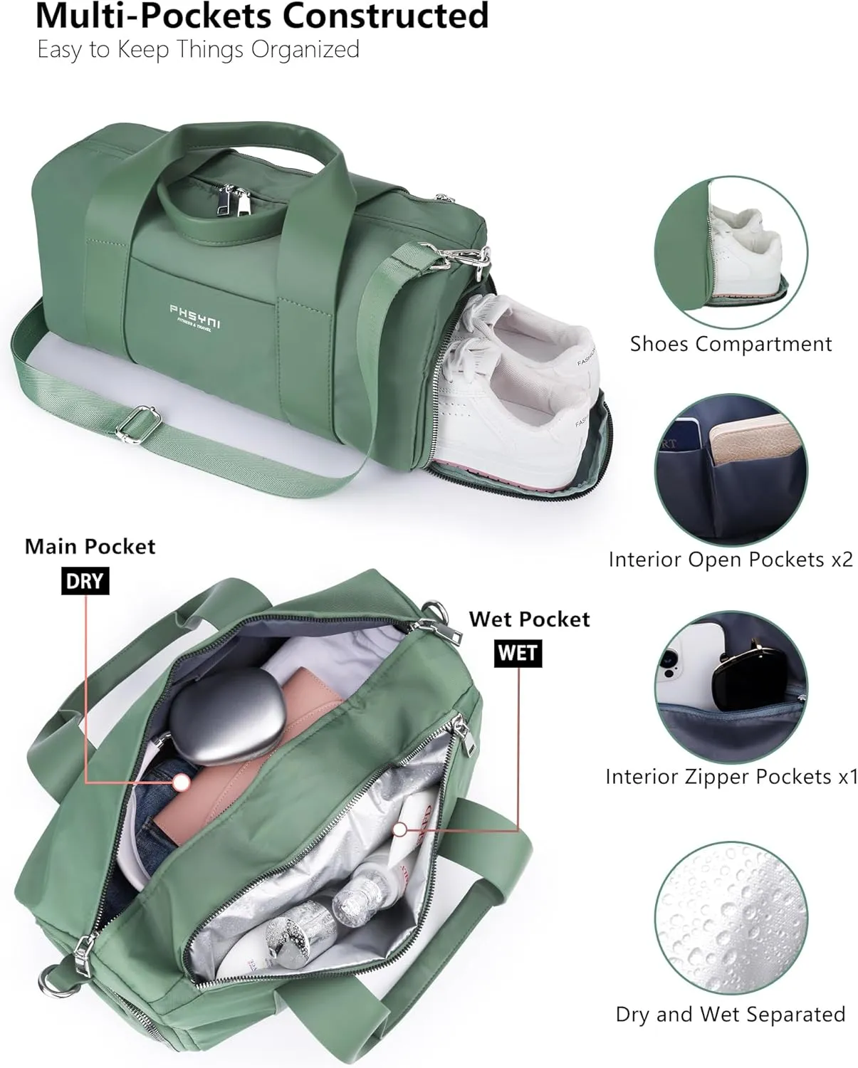 Compact Sports Gym Bag for Women, Cute Mini Duffle Bag with Wet Pocket & Shoes Compartment, Personal Item Travel Workout Bag, 16"-Small, Green