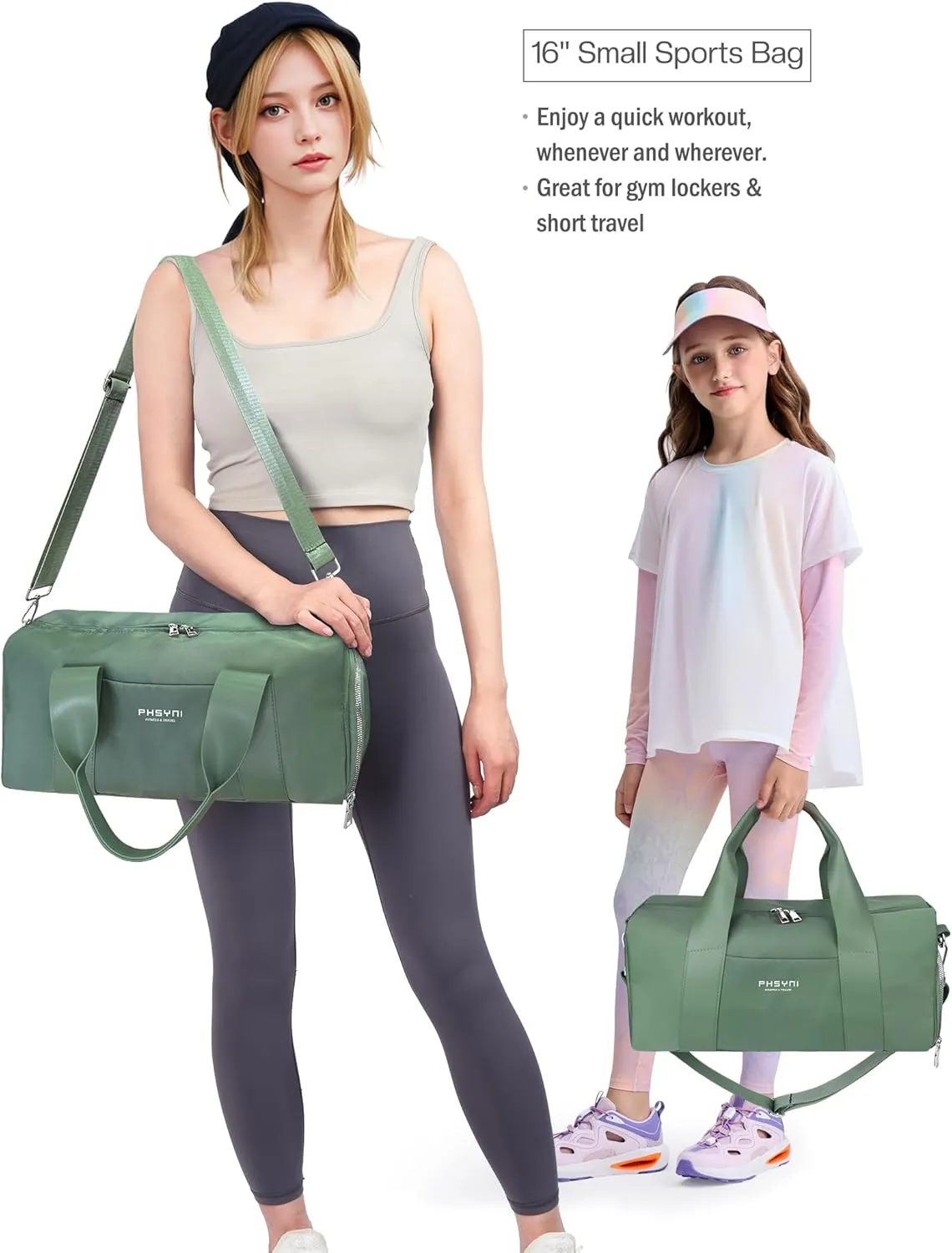 Compact Sports Gym Bag for Women, Cute Mini Duffle Bag with Wet Pocket & Shoes Compartment, Personal Item Travel Workout Bag, 16"-Small, Green