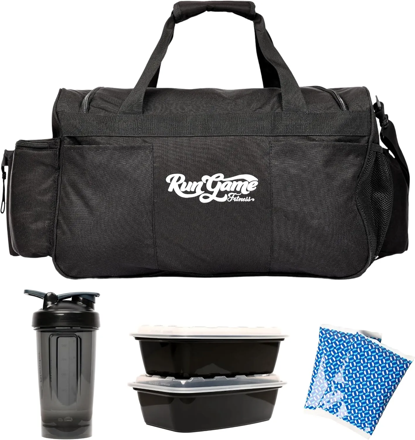 Cooler Gym Bag with 2x Gel Packs, Meal Prep Containers, and 1x Shaker Bottle - Insulated Cooler Compartment, Storage, and Mesh Pockets - Perfect for Gym & Traveling