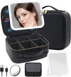 Cosmetic Makeup Bag with Large Magnetic Removable Lighted Mirror, Travel Make Up Organizer Bag with 3-Color Modes Adjustable Brightness 360° Angle Mirror Makeup Train Case with Mirror and Lights