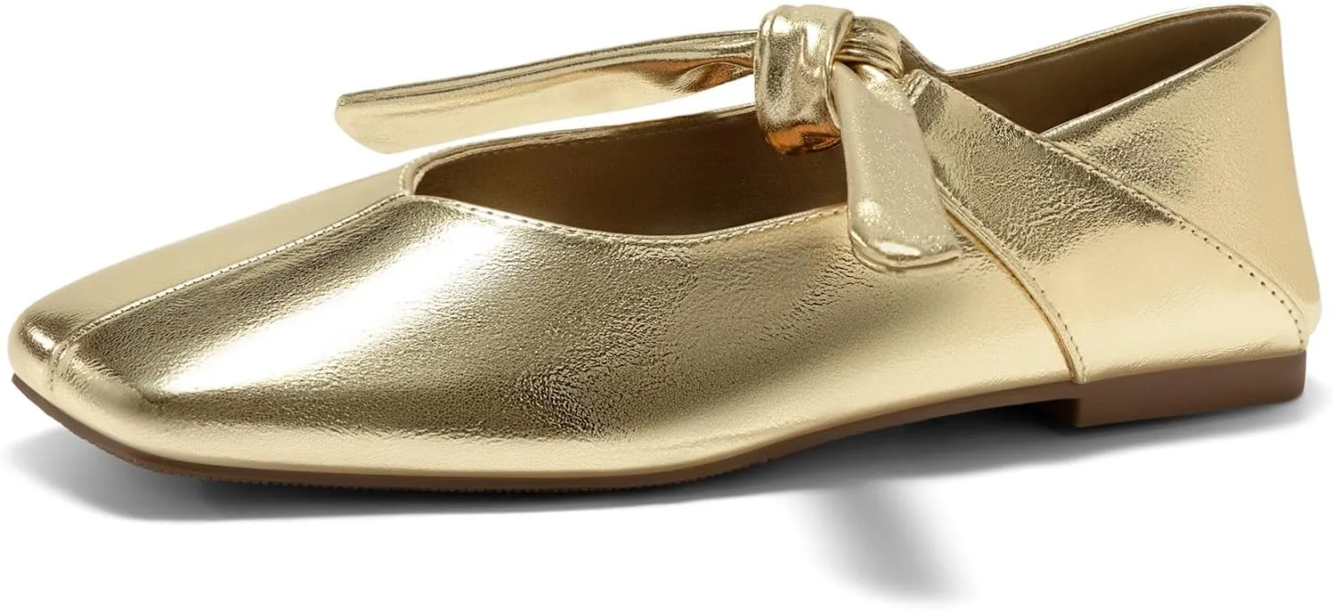 Coutgo Womens Mary Jane Flats Bow Square Toe Ballet Flats Dressy Comfortable Slip on Flat Shoes
