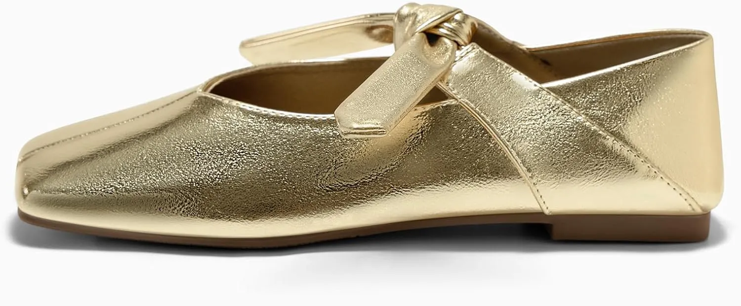 Coutgo Womens Mary Jane Flats Bow Square Toe Ballet Flats Dressy Comfortable Slip on Flat Shoes