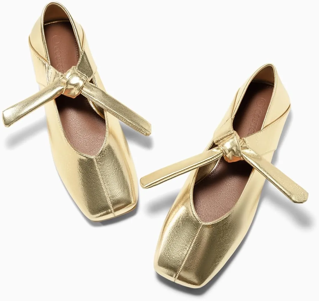 Coutgo Womens Mary Jane Flats Bow Square Toe Ballet Flats Dressy Comfortable Slip on Flat Shoes