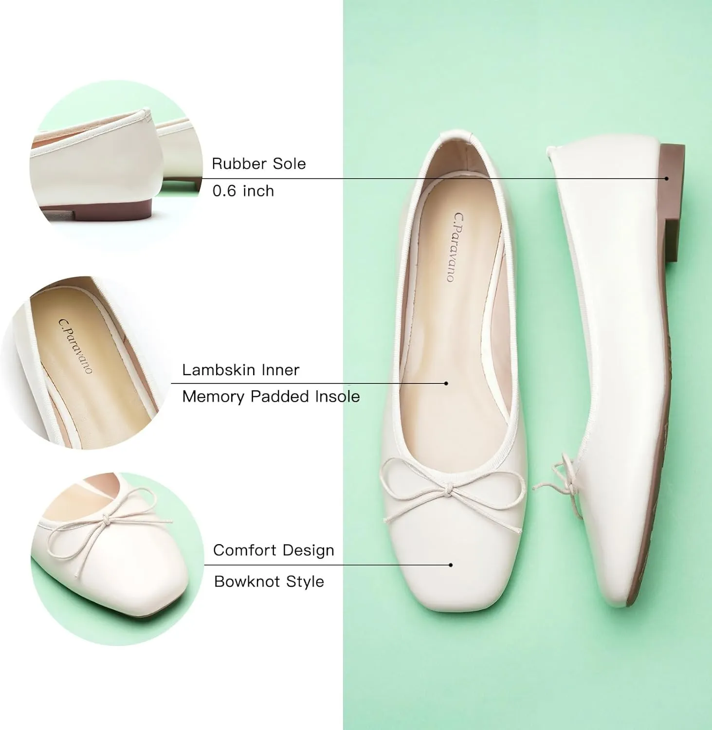 C.Paravano Women's Ballet Flats, Comfortable Slip On Round Toe Flat Shoes, Casual Walking Shoes for Women, Slip-On Bow Dressy Flats for Work Office & Wedding Party