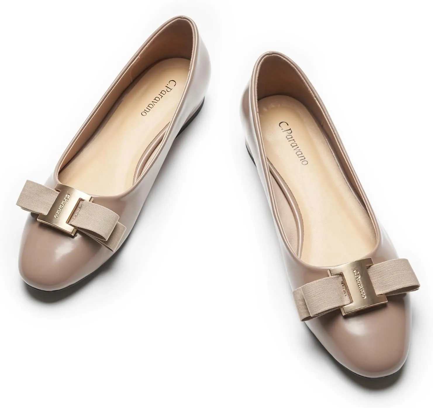 C.Paravano Women's Ballet Flats | Round Toe Bow Accent Shoes with Metallic Buckle | Soft Leather Slip-Ons for Work Commute, Office & Date Nights，Evening Events, Business Travel & Dating