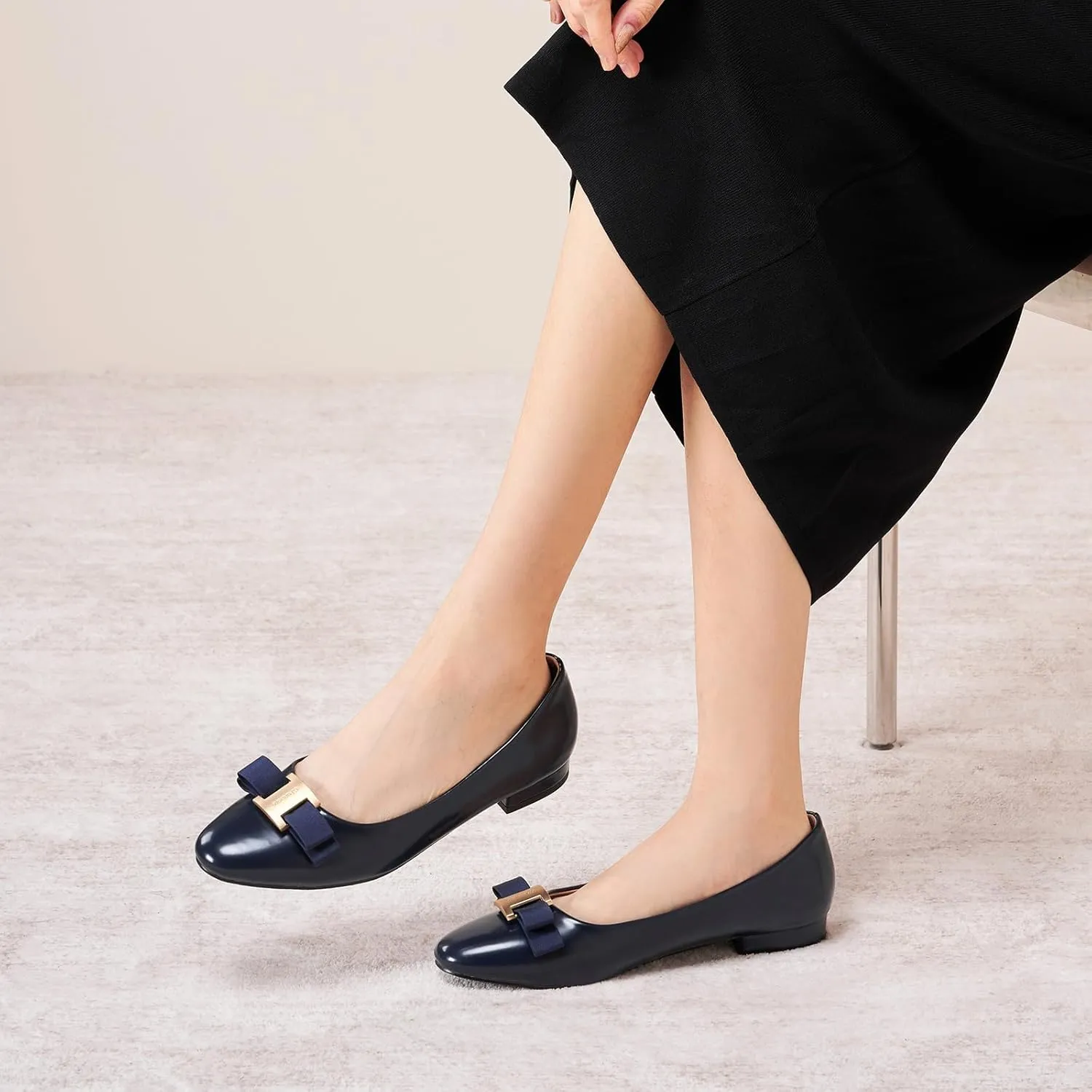 C.Paravano Women's Ballet Flats | Round Toe Bow Accent Shoes with Metallic Buckle | Soft Leather Slip-Ons for Work Commute, Office & Date Nights，Evening Events, Business Travel & Dating