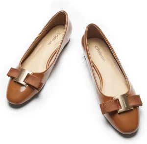 C.Paravano Women's Ballet Flats | Round Toe Bow Accent Shoes with Metallic Buckle | Soft Leather Slip-Ons for Work Commute, Office & Date Nights，Evening Events, Business Travel & Dating