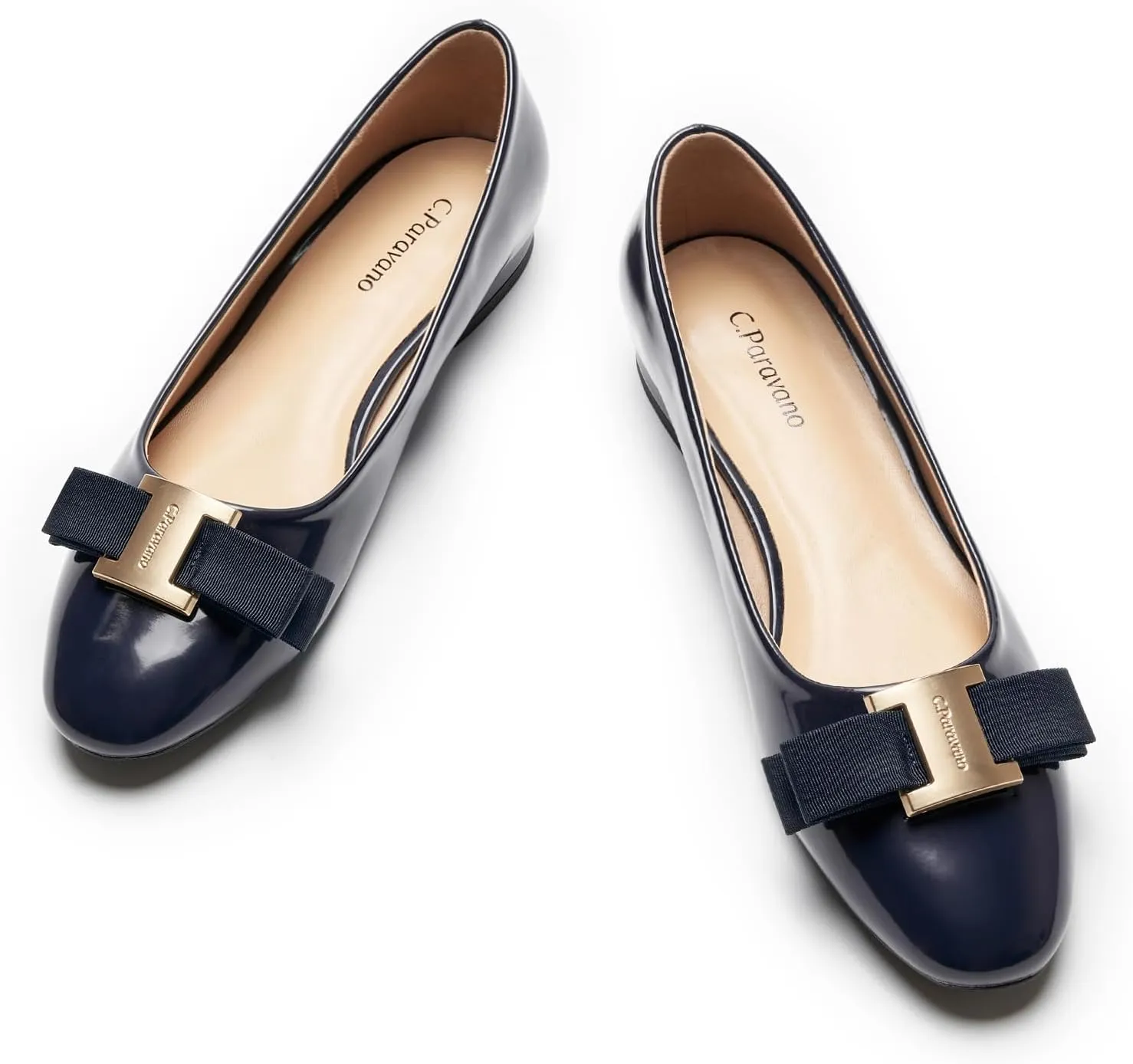 C.Paravano Women's Ballet Flats | Round Toe Bow Accent Shoes with Metallic Buckle | Soft Leather Slip-Ons for Work Commute, Office & Date Nights，Evening Events, Business Travel & Dating
