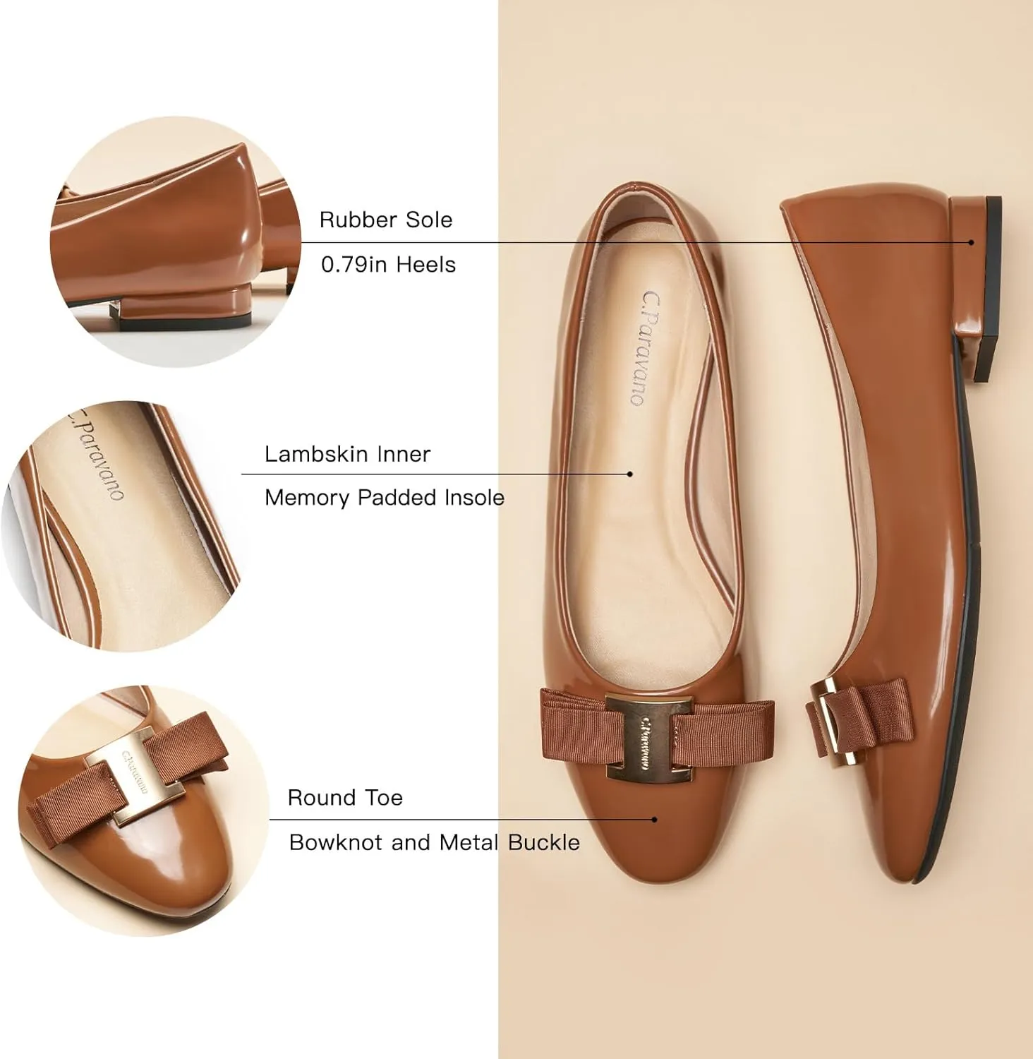 C.Paravano Women's Ballet Flats | Round Toe Bow Accent Shoes with Metallic Buckle | Soft Leather Slip-Ons for Work Commute, Office & Date Nights，Evening Events, Business Travel & Dating