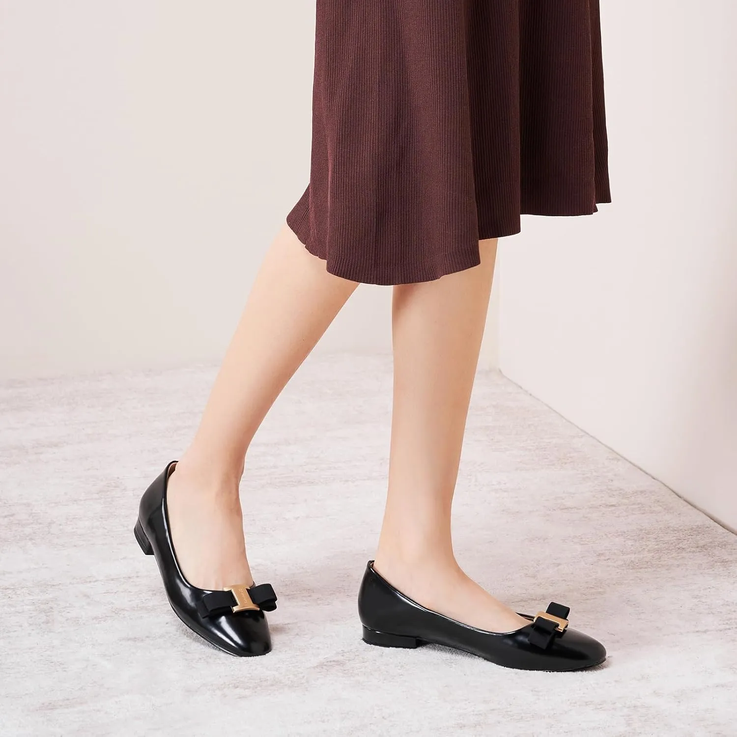 C.Paravano Women's Ballet Flats | Round Toe Bow Accent Shoes with Metallic Buckle | Soft Leather Slip-Ons for Work Commute, Office & Date Nights，Evening Events, Business Travel & Dating