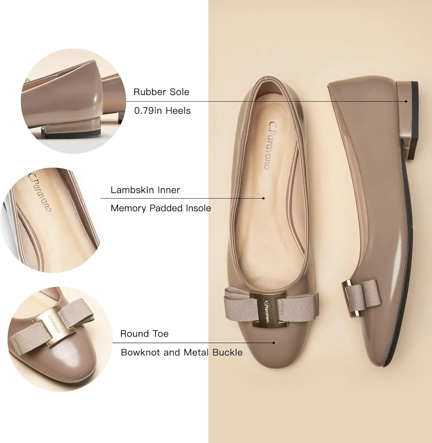C.Paravano Women's Ballet Flats | Round Toe Bow Accent Shoes with Metallic Buckle | Soft Leather Slip-Ons for Work Commute, Office & Date Nights，Evening Events, Business Travel & Dating