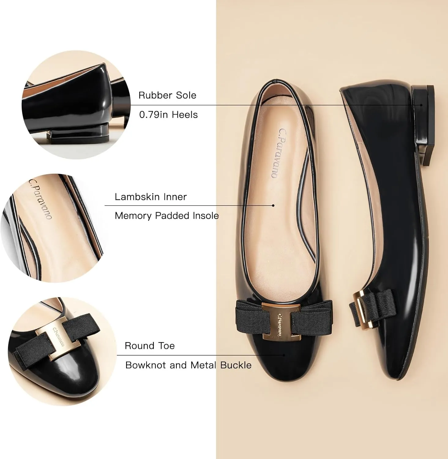 C.Paravano Women's Ballet Flats | Round Toe Bow Accent Shoes with Metallic Buckle | Soft Leather Slip-Ons for Work Commute, Office & Date Nights，Evening Events, Business Travel & Dating