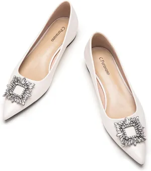 C.Paravano Women's Crystal Buckle Ballet Flats - Pointed Toe Slip On Dressy Shoes