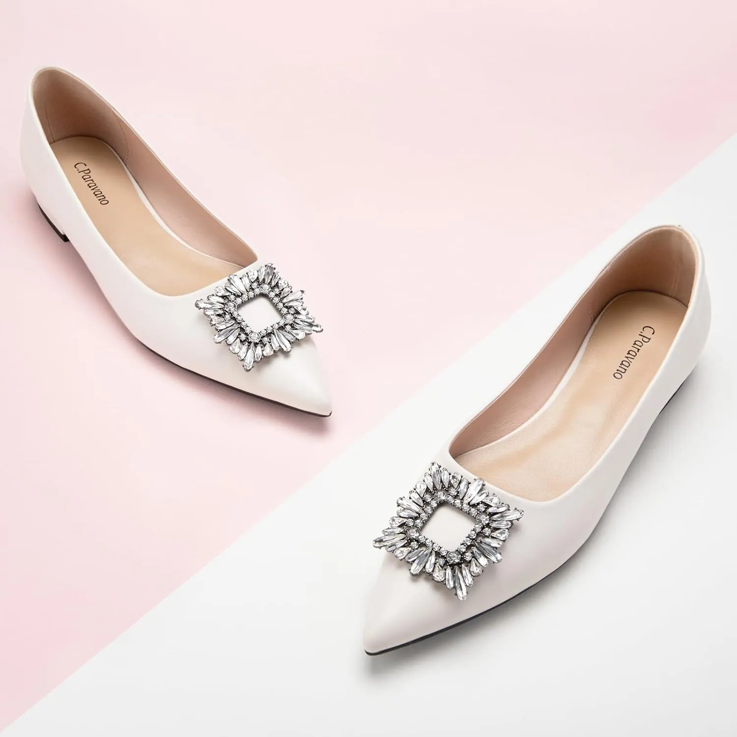 C.Paravano Women's Crystal Buckle Ballet Flats - Pointed Toe Slip On Dressy Shoes