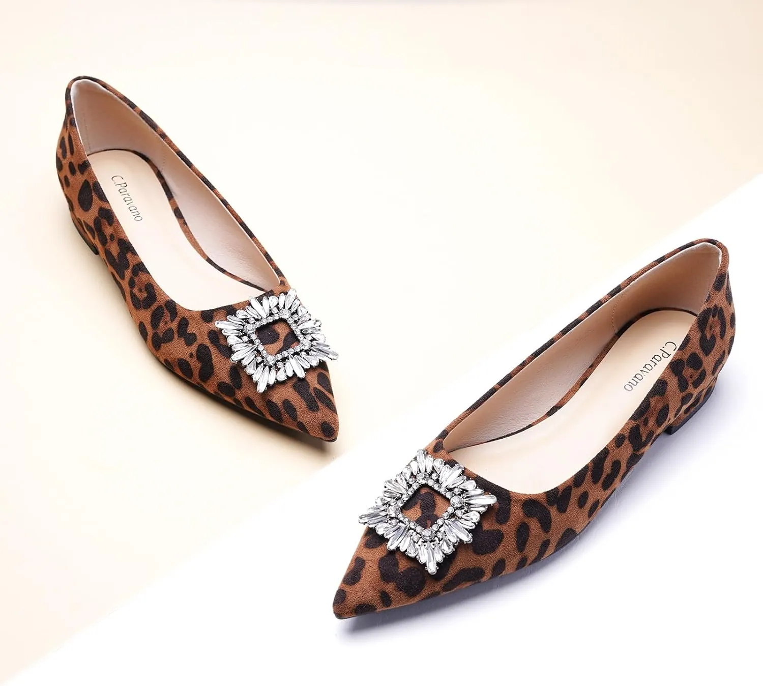 C.Paravano Women's Crystal Buckle Ballet Flats - Pointed Toe Slip On Dressy Shoes