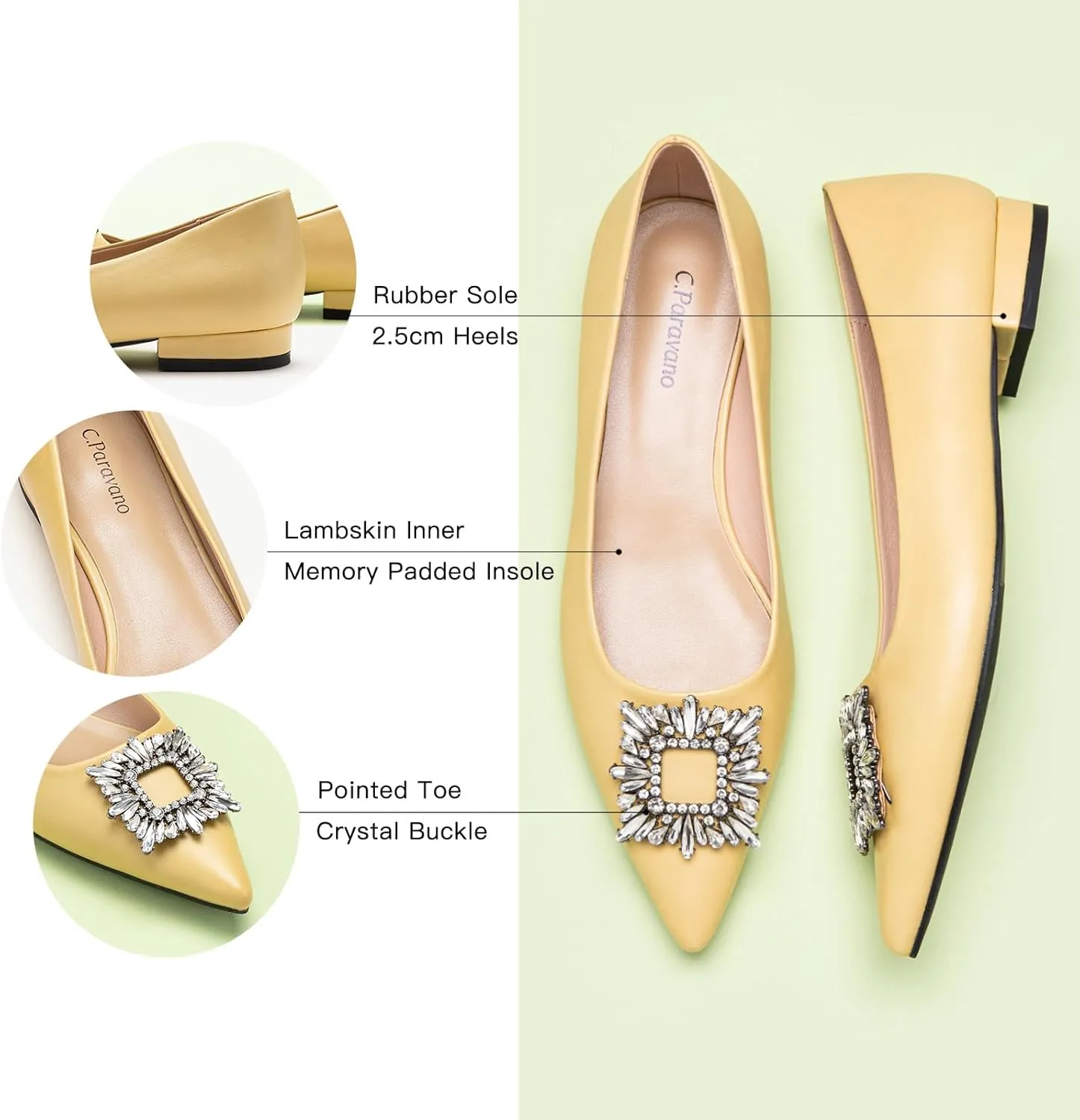 C.Paravano Women's Crystal Buckle Ballet Flats - Pointed Toe Slip On Dressy Shoes