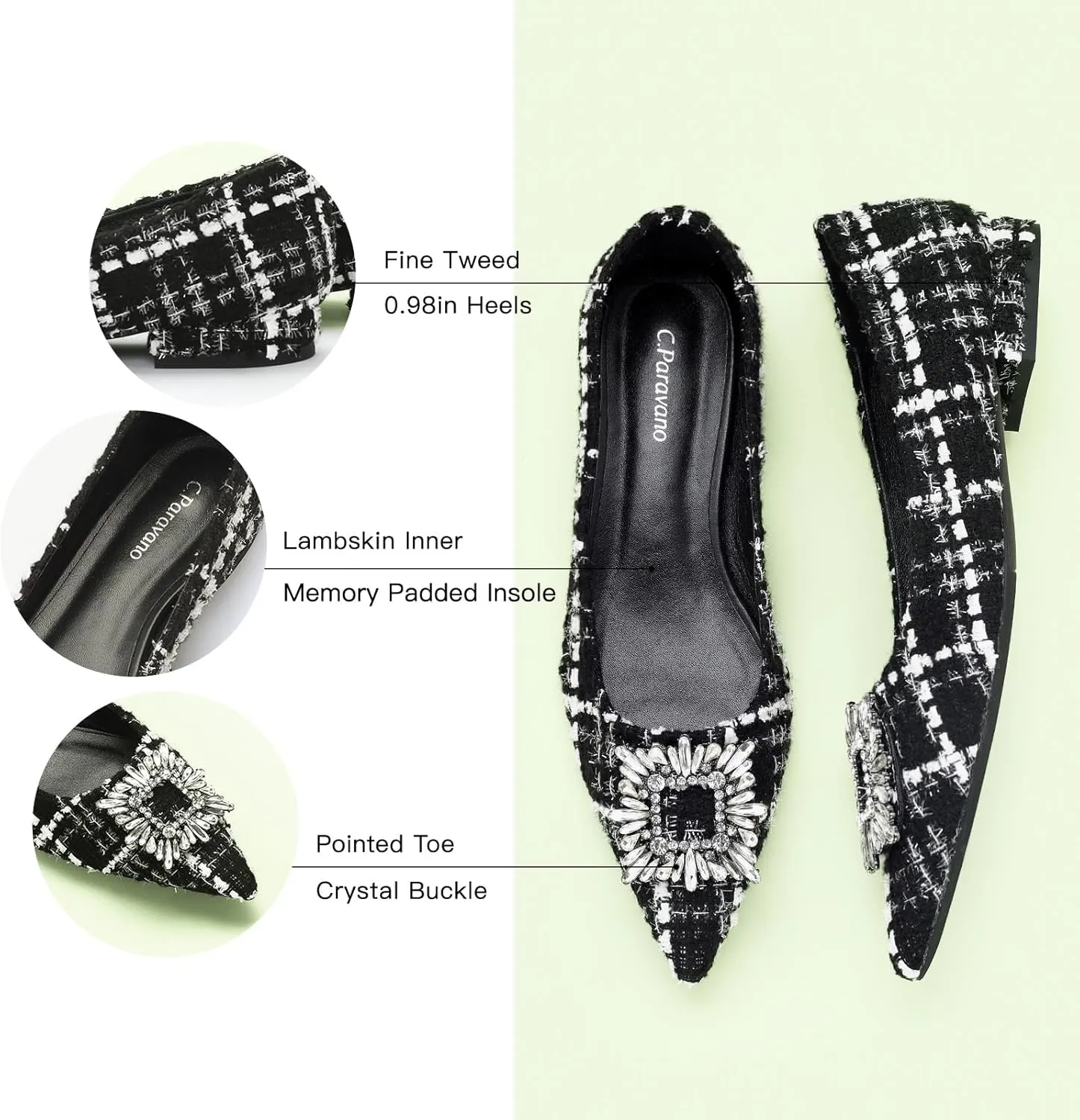 C.Paravano Women's Crystal Buckle Ballet Flats - Pointed Toe Slip On Dressy Shoes