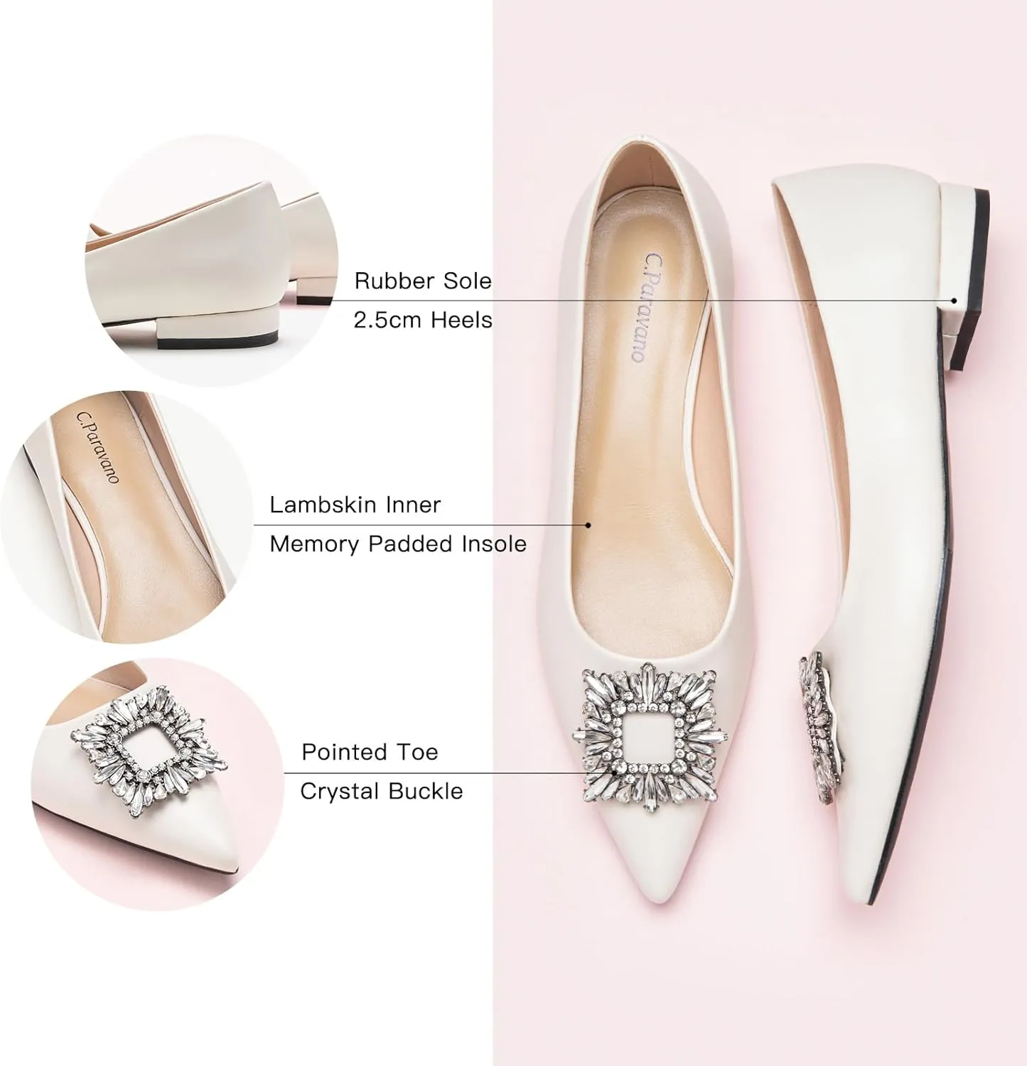 C.Paravano Women's Crystal Buckle Ballet Flats - Pointed Toe Slip On Dressy Shoes