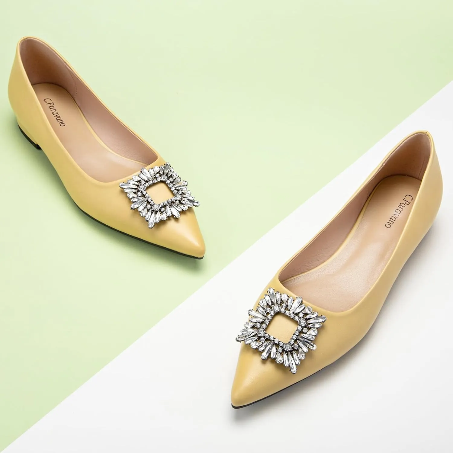 C.Paravano Women's Crystal Buckle Ballet Flats - Pointed Toe Slip On Dressy Shoes