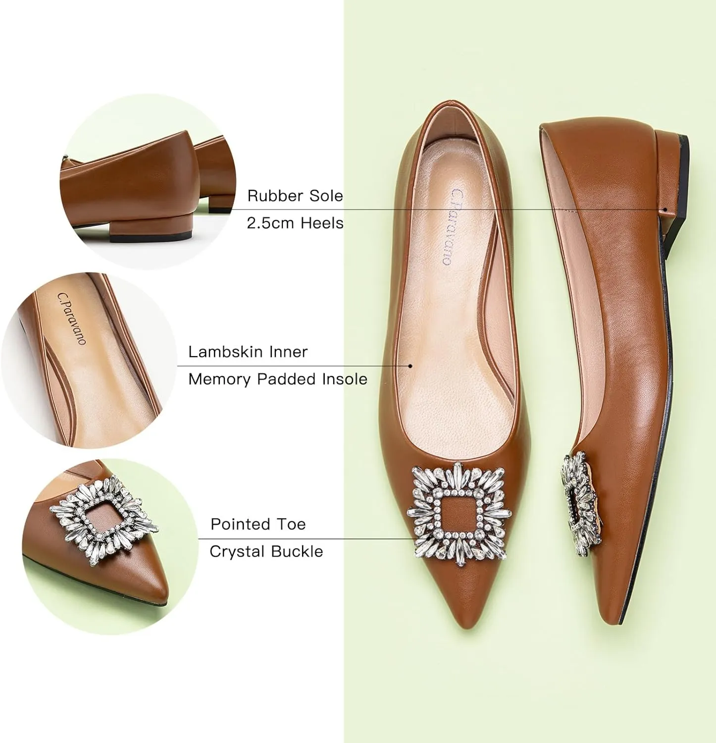 C.Paravano Women's Crystal Buckle Ballet Flats - Pointed Toe Slip On Dressy Shoes