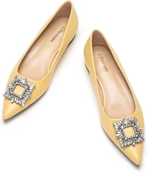 C.Paravano Women's Crystal Buckle Ballet Flats - Pointed Toe Slip On Dressy Shoes