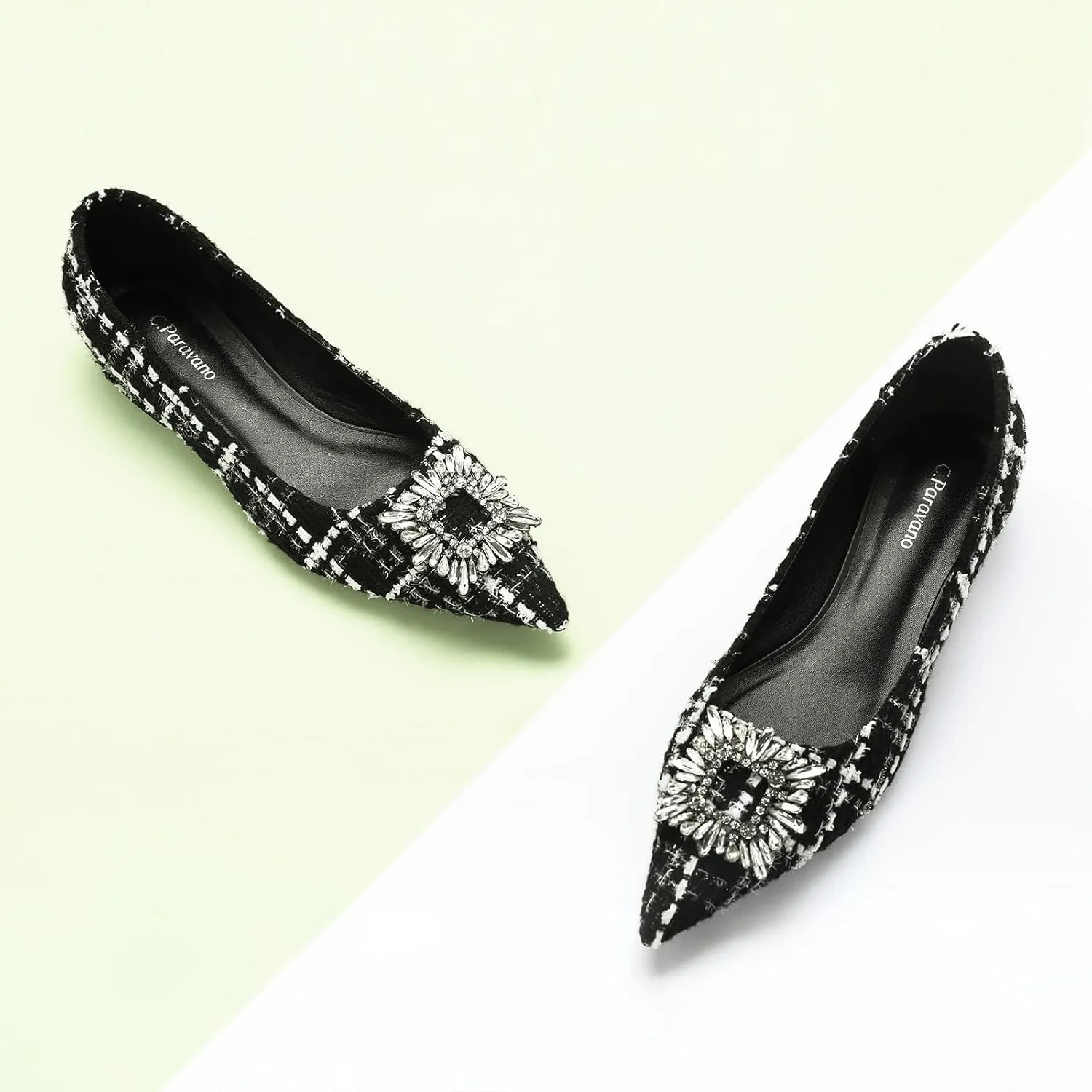 C.Paravano Women's Crystal Buckle Ballet Flats - Pointed Toe Slip On Dressy Shoes