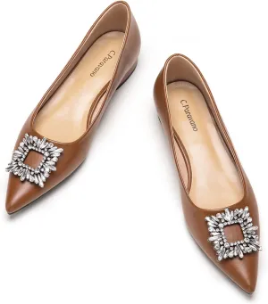 C.Paravano Women's Crystal Buckle Ballet Flats - Pointed Toe Slip On Dressy Shoes