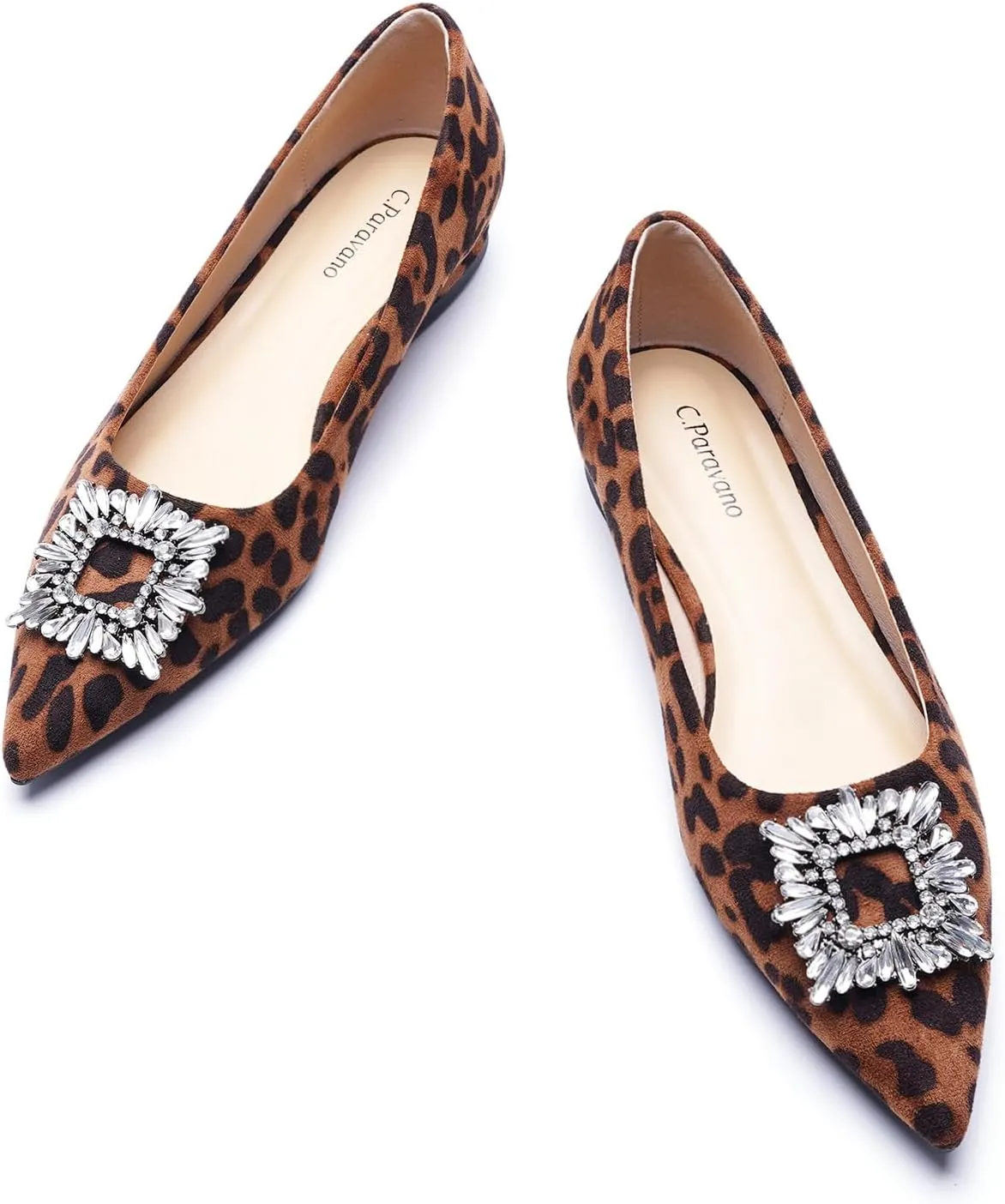 C.Paravano Women's Crystal Buckle Ballet Flats - Pointed Toe Slip On Dressy Shoes