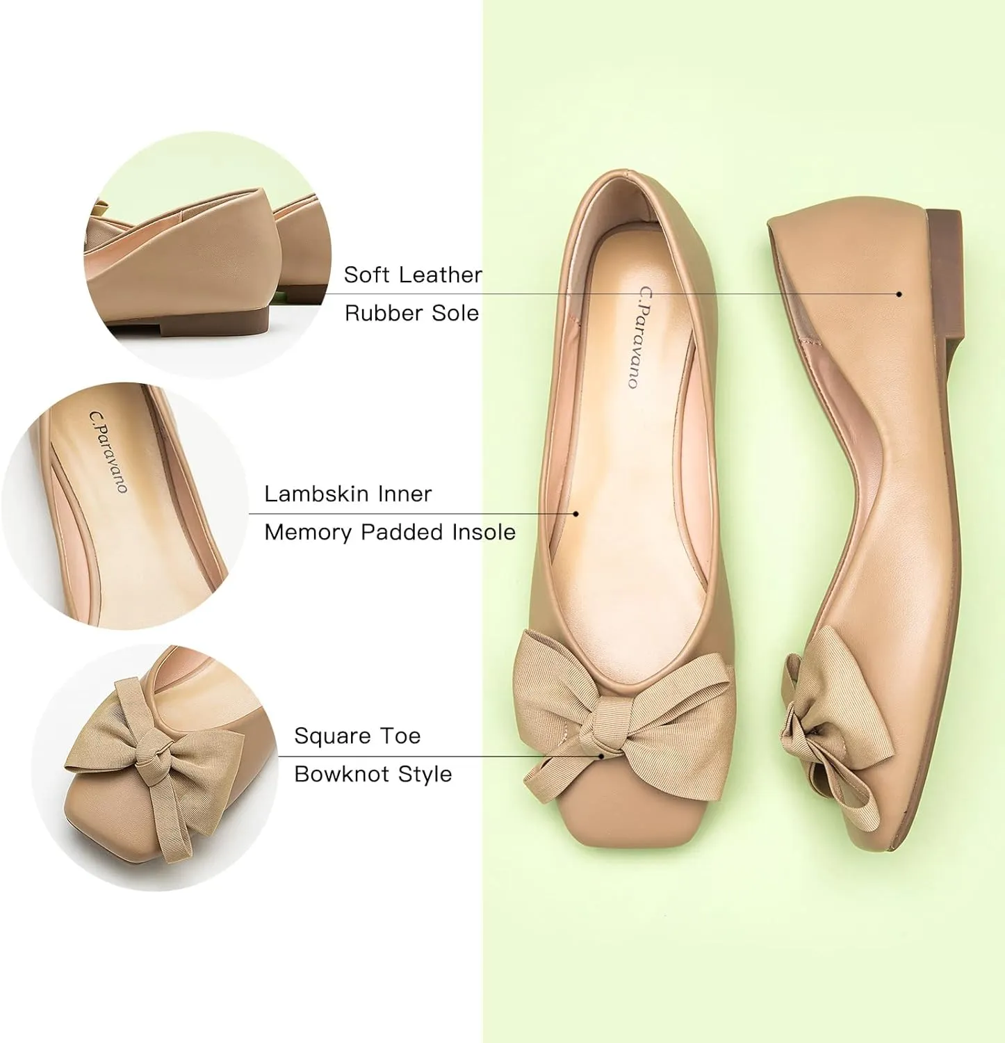 C.Paravano Women's Flats | Square Toe Shoes for Women | Leather Flat Shoes for Women | Slip On Ballet Flats