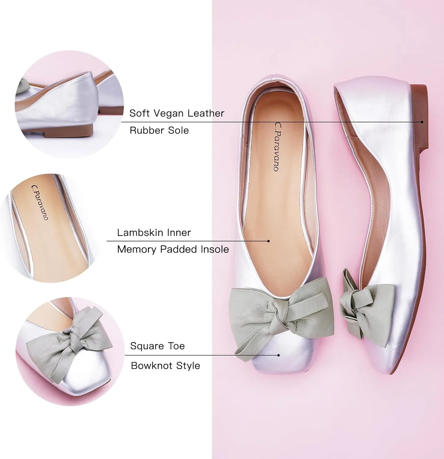 C.Paravano Women's Flats | Square Toe Shoes for Women | Leather Flat Shoes for Women | Slip On Ballet Flats