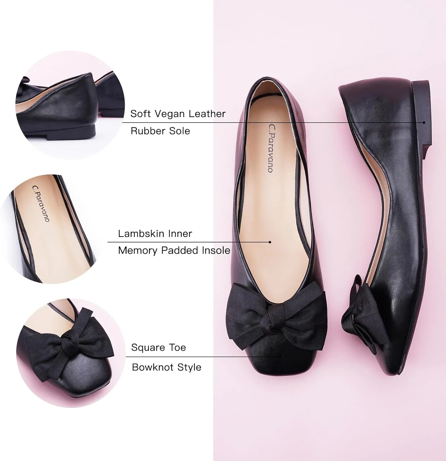 C.Paravano Women's Flats | Square Toe Shoes for Women | Leather Flat Shoes for Women | Slip On Ballet Flats