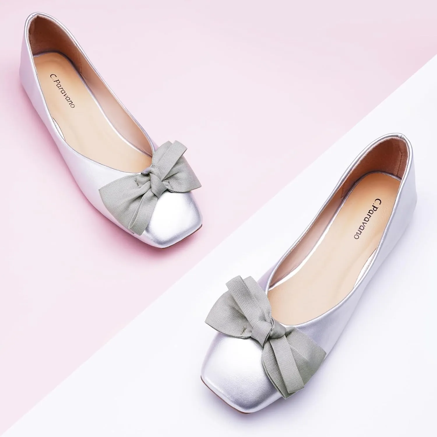 C.Paravano Women's Flats | Square Toe Shoes for Women | Leather Flat Shoes for Women | Slip On Ballet Flats
