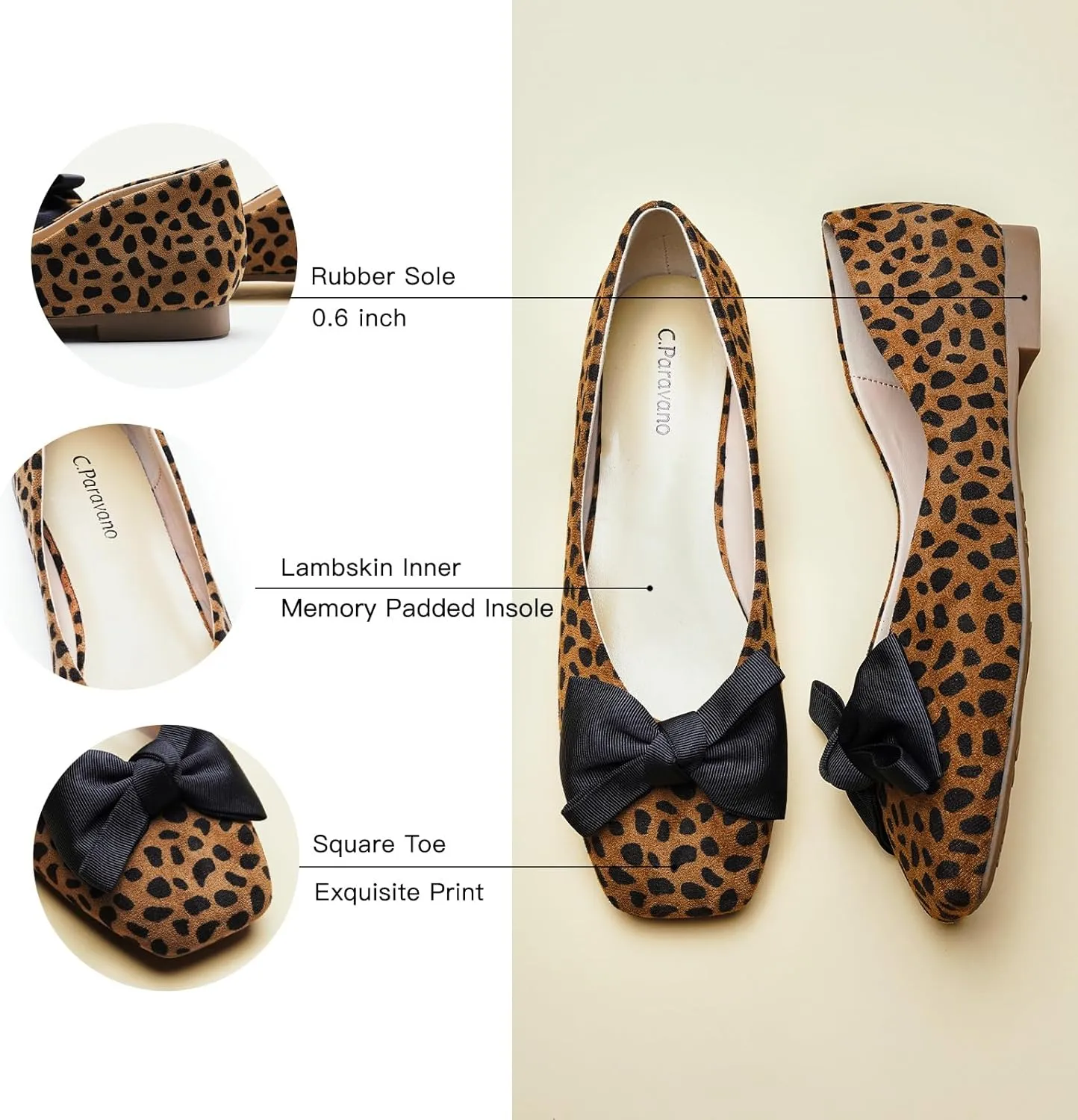 C.Paravano Women's Flats | Square Toe Shoes for Women | Leather Flat Shoes for Women | Slip On Ballet Flats